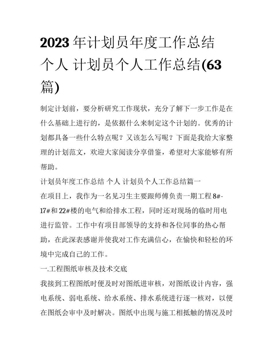 2023年计划员年度工作总结 个人 计划员个人工作总结(63篇)_第1页