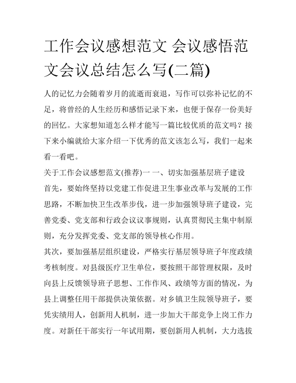 工作会议感想范文 会议感悟范文会议总结怎么写(二篇)_第1页