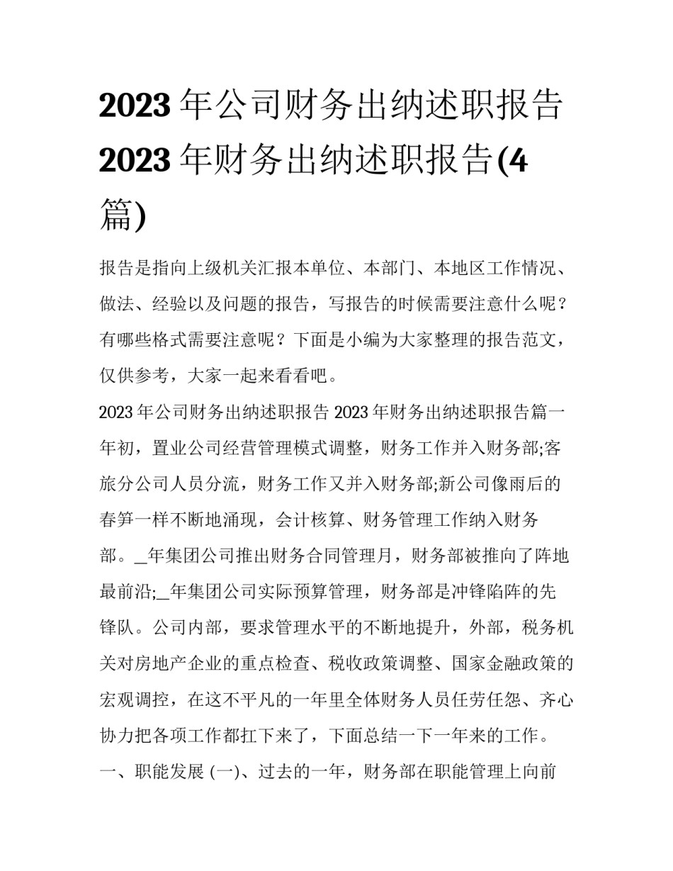 2023年公司财务出纳述职报告 2023年财务出纳述职报告(4篇)_第1页