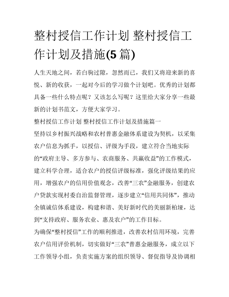 整村授信工作计划 整村授信工作计划及措施(5篇)_第1页