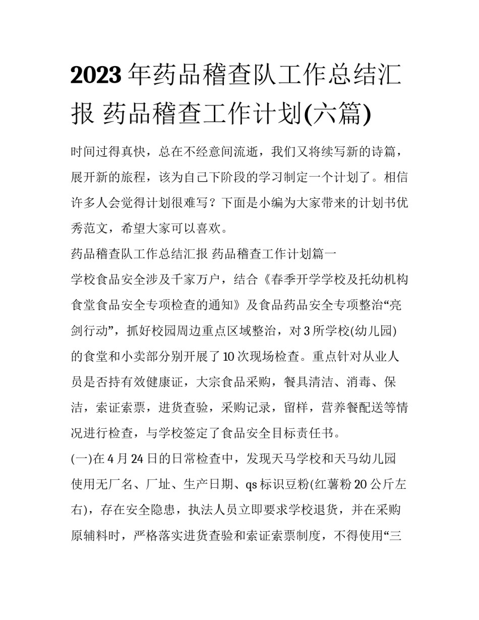 2023年药品稽查队工作总结汇报 药品稽查工作计划(六篇)_第1页