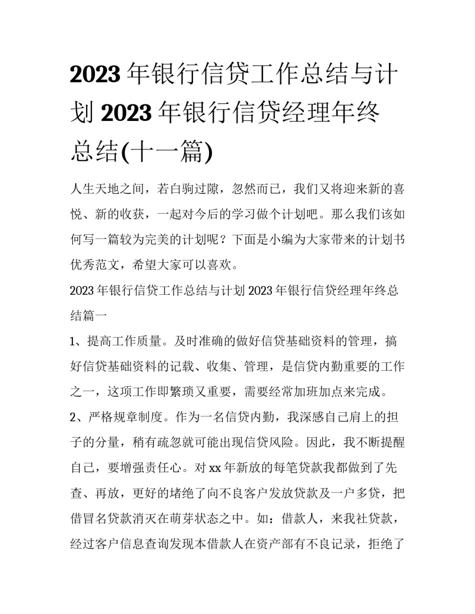2023年银行信贷工作总结与计划 2023年银行信贷经理年终总结(十一篇)_第1页