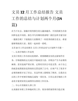 文员12月工作总结报告 文员工作的总结与计划两个月(14篇)