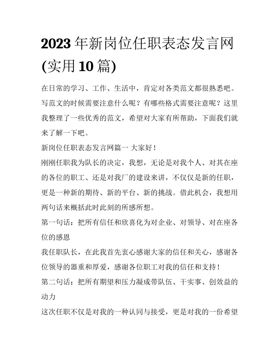 2023年新岗位任职表态发言网(实用10篇)_第1页