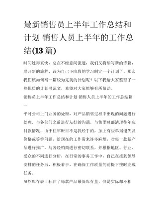 最新销售员上半年工作总结和计划 销售人员上半年的工作总结(13篇)