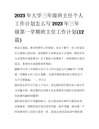 2023年大学三年级班主任个人工作计划怎么写 2023年三年级第一学期班主任工作计划(12篇)