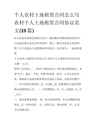 个人农村土地租赁合同怎么写 农村个人土地租赁合同协议范文(13篇)