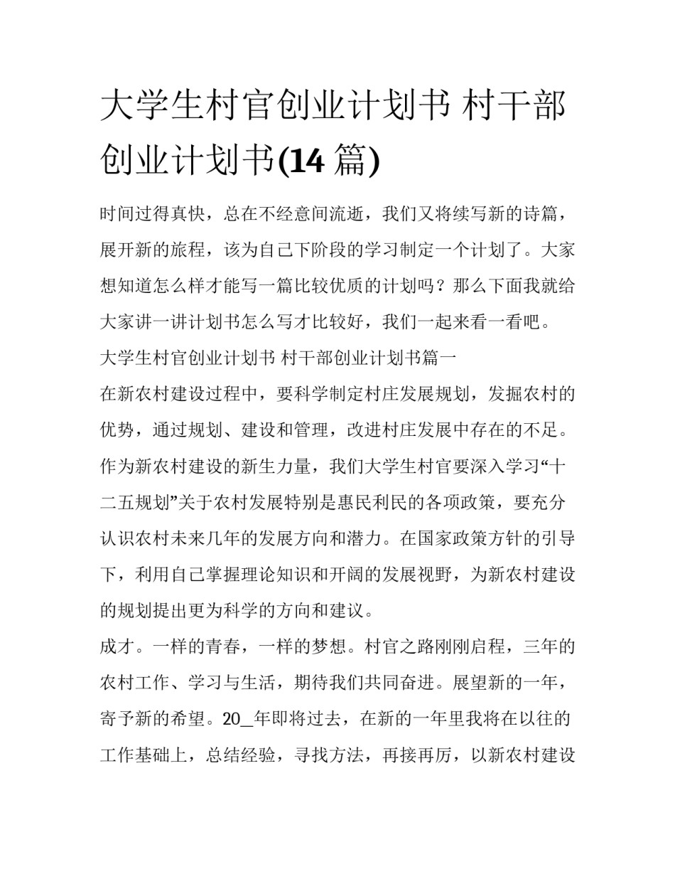 大学生村官创业计划书 村干部创业计划书(14篇)_第1页