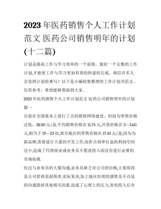 2023年医药销售个人工作计划范文 医药公司销售明年的计划(十二篇)