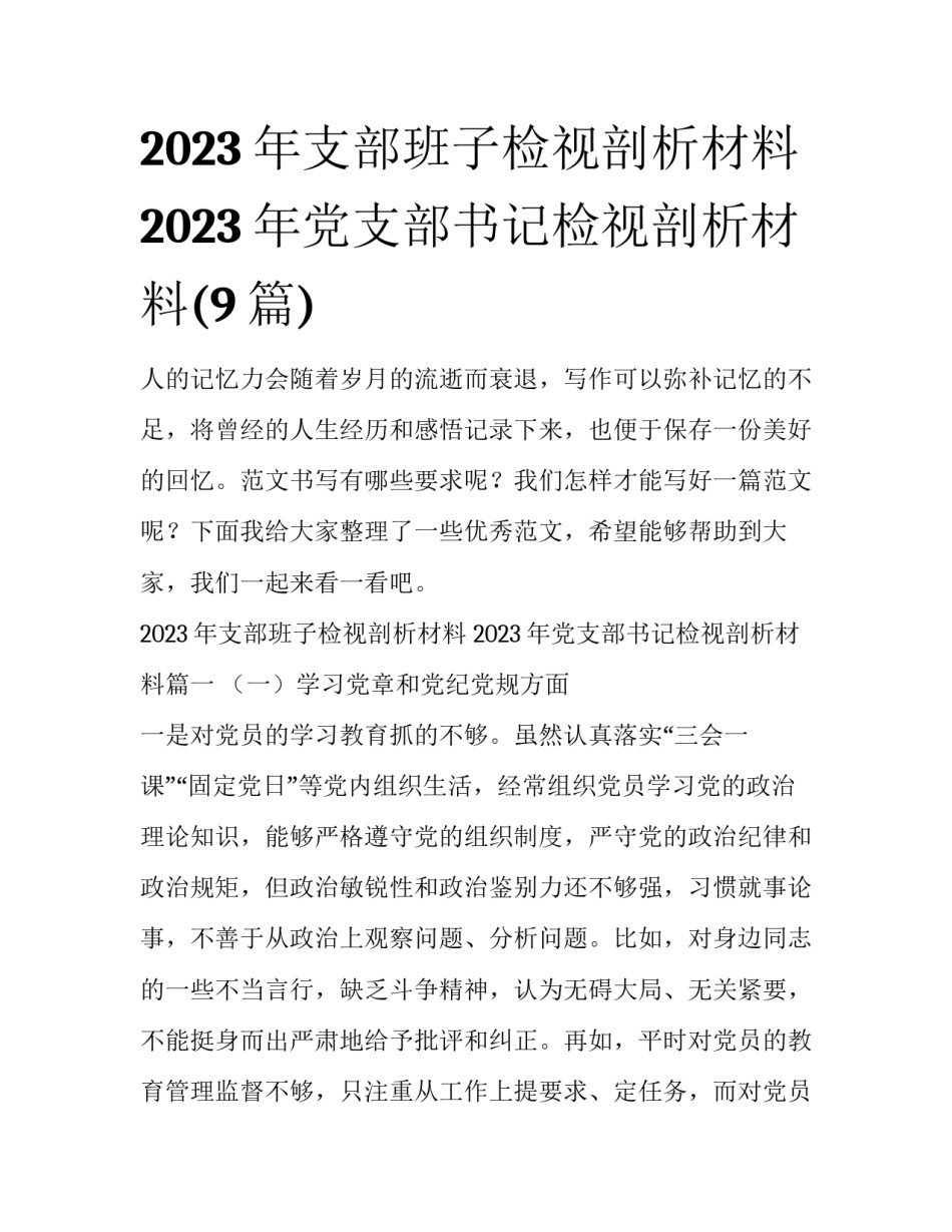 2023年支部班子检视剖析材料 2023年党支部书记检视剖析材料(9篇)_第1页