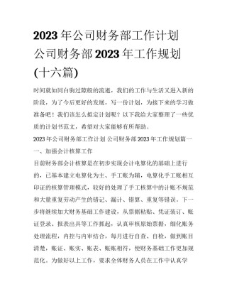 2023年公司财务部工作计划 公司财务部2023年工作规划(十六篇)