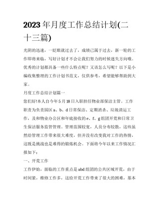 2023年月度工作总结计划(二十三篇)