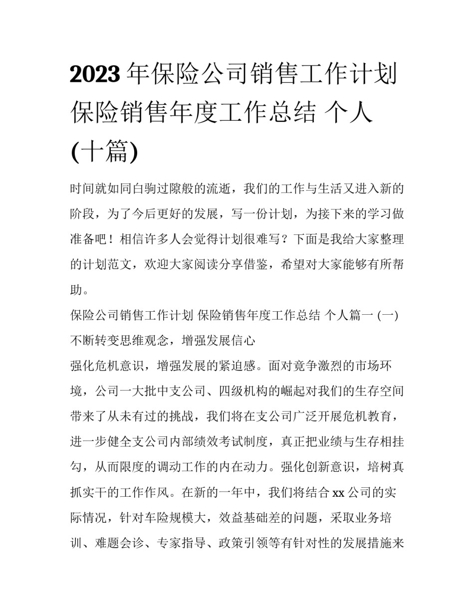 2023年保险公司销售工作计划 保险销售年度工作总结 个人(十篇)_第1页