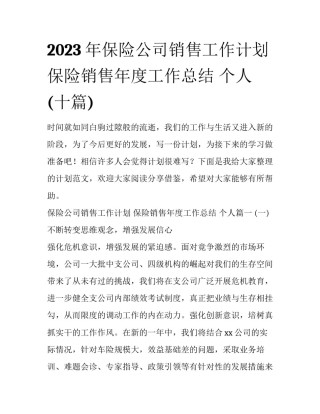 2023年保险公司销售工作计划 保险销售年度工作总结 个人(十篇)