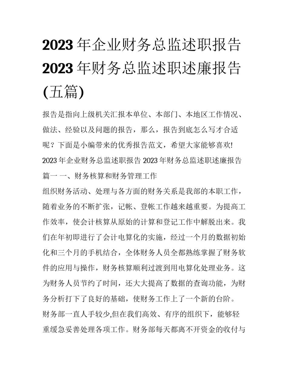 2023年企业财务总监述职报告 2023年财务总监述职述廉报告(五篇)_第1页