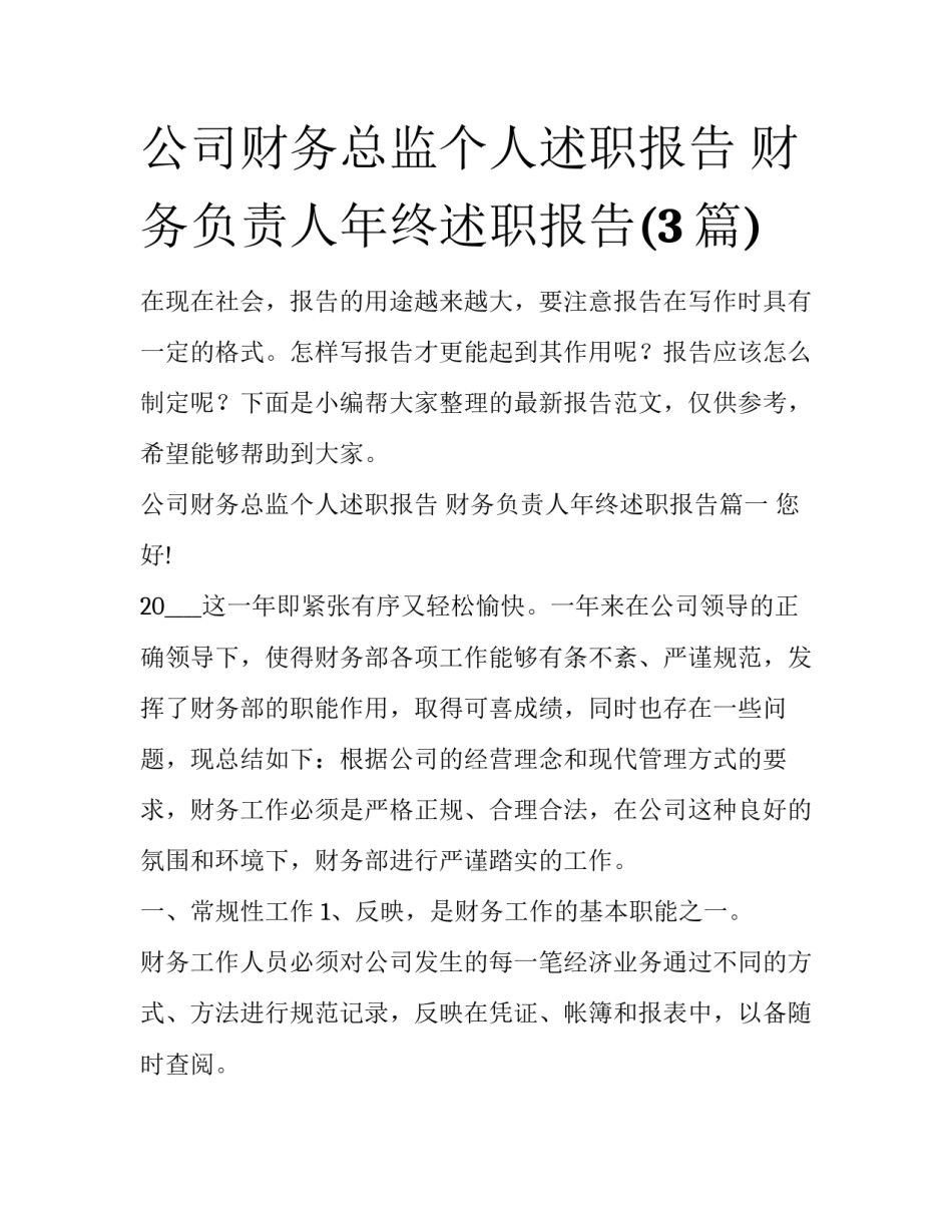 公司财务总监个人述职报告 财务负责人年终述职报告(3篇)_第1页