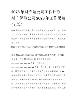 2023年财产险公司工作计划 财产保险公司2023年工作思路(五篇)