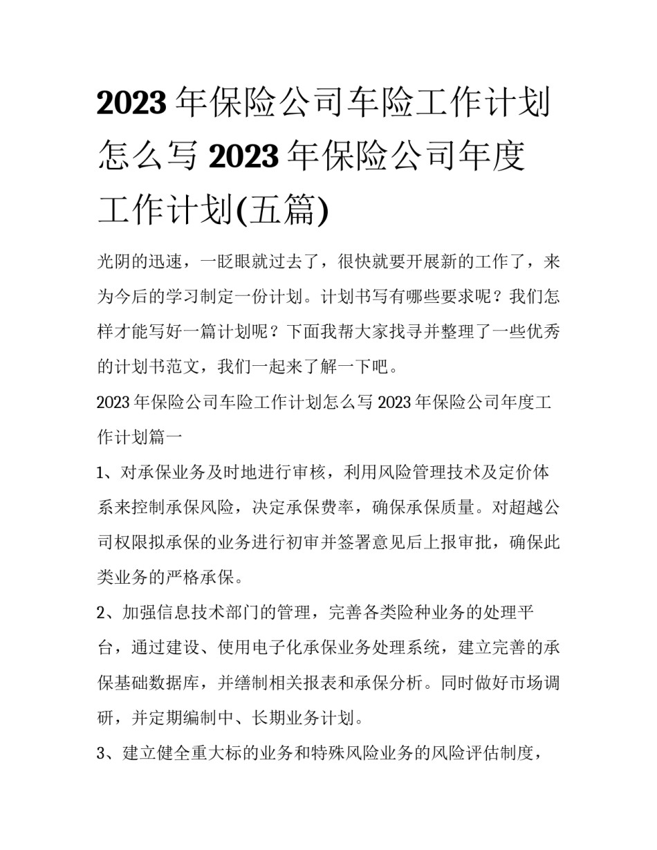 2023年保险公司车险工作计划怎么写 2023年保险公司年度工作计划(五篇)_第1页