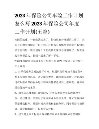 2023年保险公司车险工作计划怎么写 2023年保险公司年度工作计划(五篇)