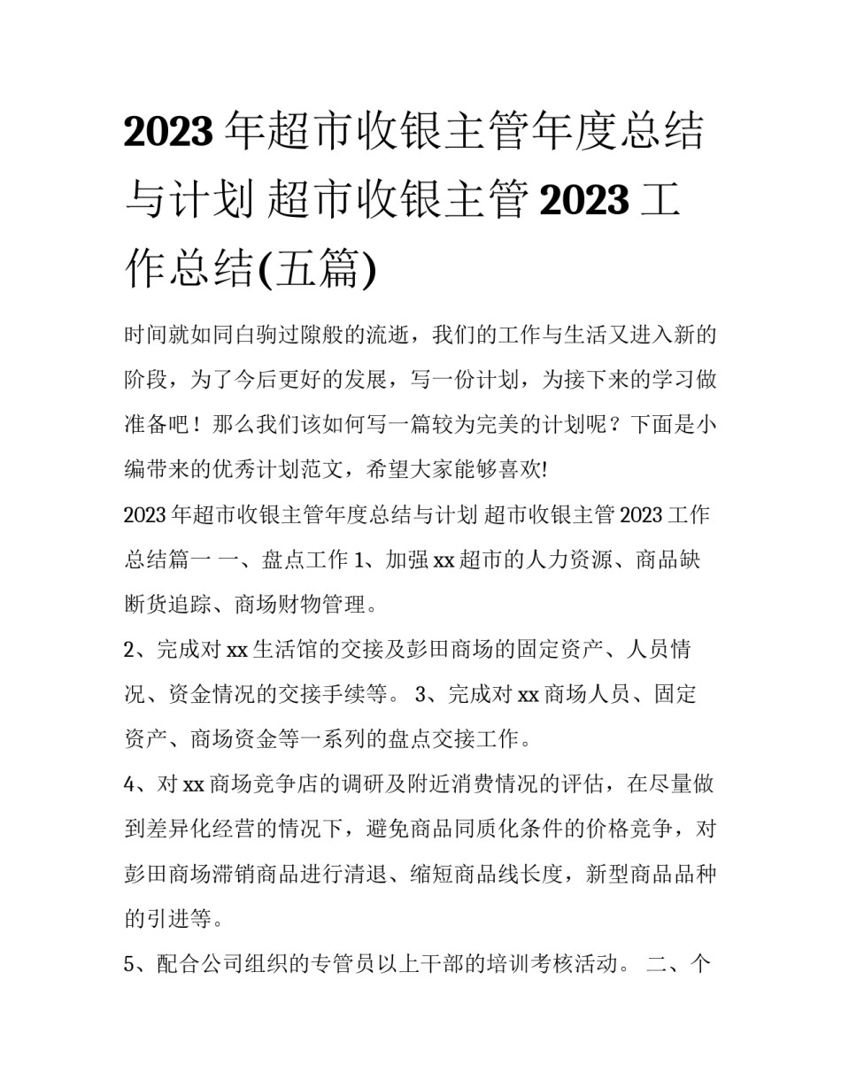 2023年超市收银主管年度总结与计划 超市收银主管2023工作总结(五篇)_第1页