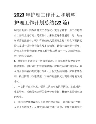 2023年护理工作计划和展望 护理工作计划总结(22篇)