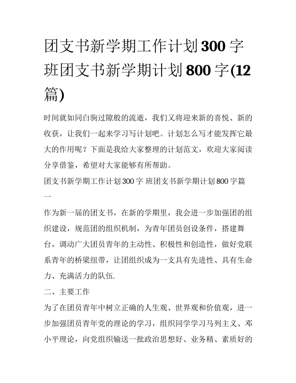 团支书新学期工作计划300字 班团支书新学期计划800字(12篇)_第1页