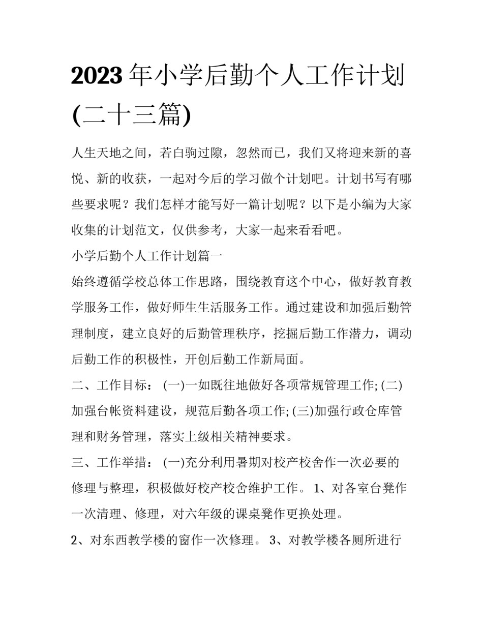 2023年小学后勤个人工作计划(二十三篇)_第1页