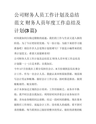 公司财务人员工作计划及总结范文 财务人员年度工作总结及计划(3篇)