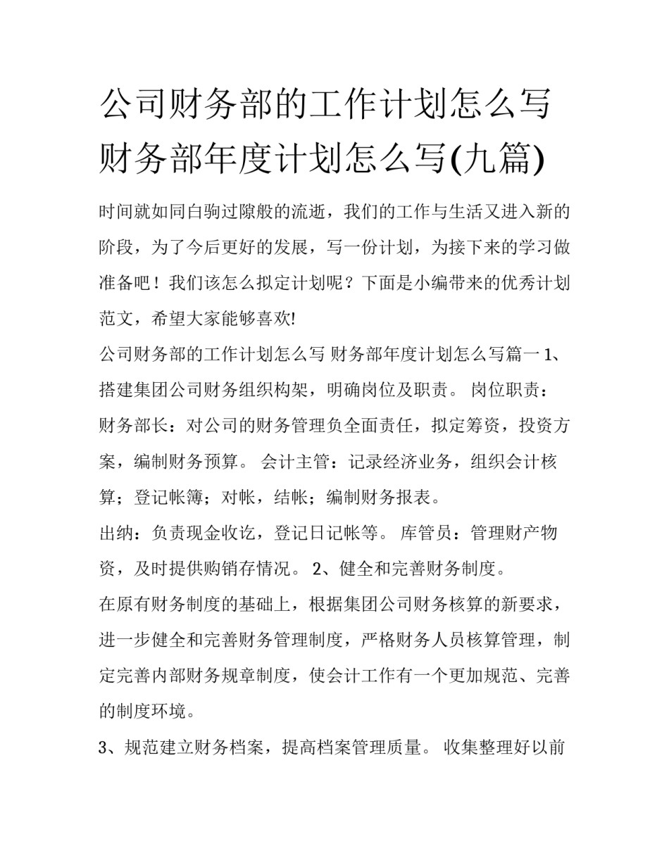 公司财务部的工作计划怎么写 财务部年度计划怎么写(九篇)_第1页