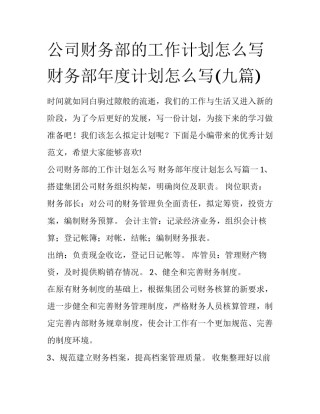 公司财务部的工作计划怎么写 财务部年度计划怎么写(九篇)