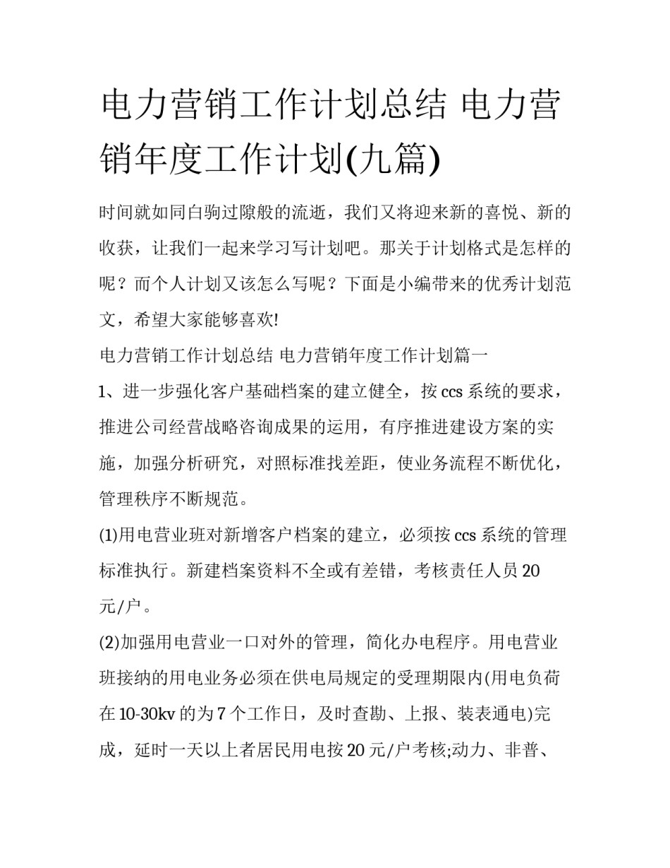 电力营销工作计划总结 电力营销年度工作计划(九篇)_第1页