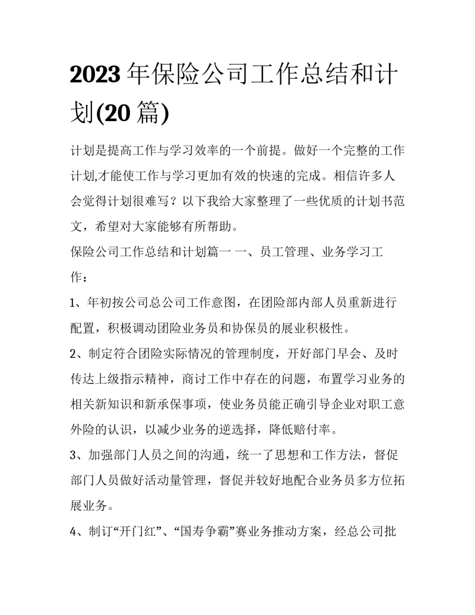 2023年保险公司工作总结和计划(20篇)_第1页