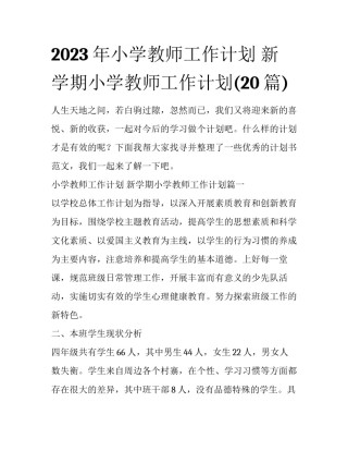 2023年小学教师工作计划 新学期小学教师工作计划(20篇)
