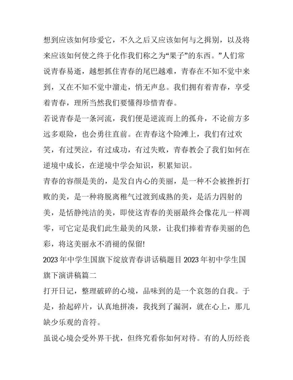 2023年中学生国旗下绽放青春讲话稿题目 2023年初中学生国旗下演讲稿(九篇)_第3页
