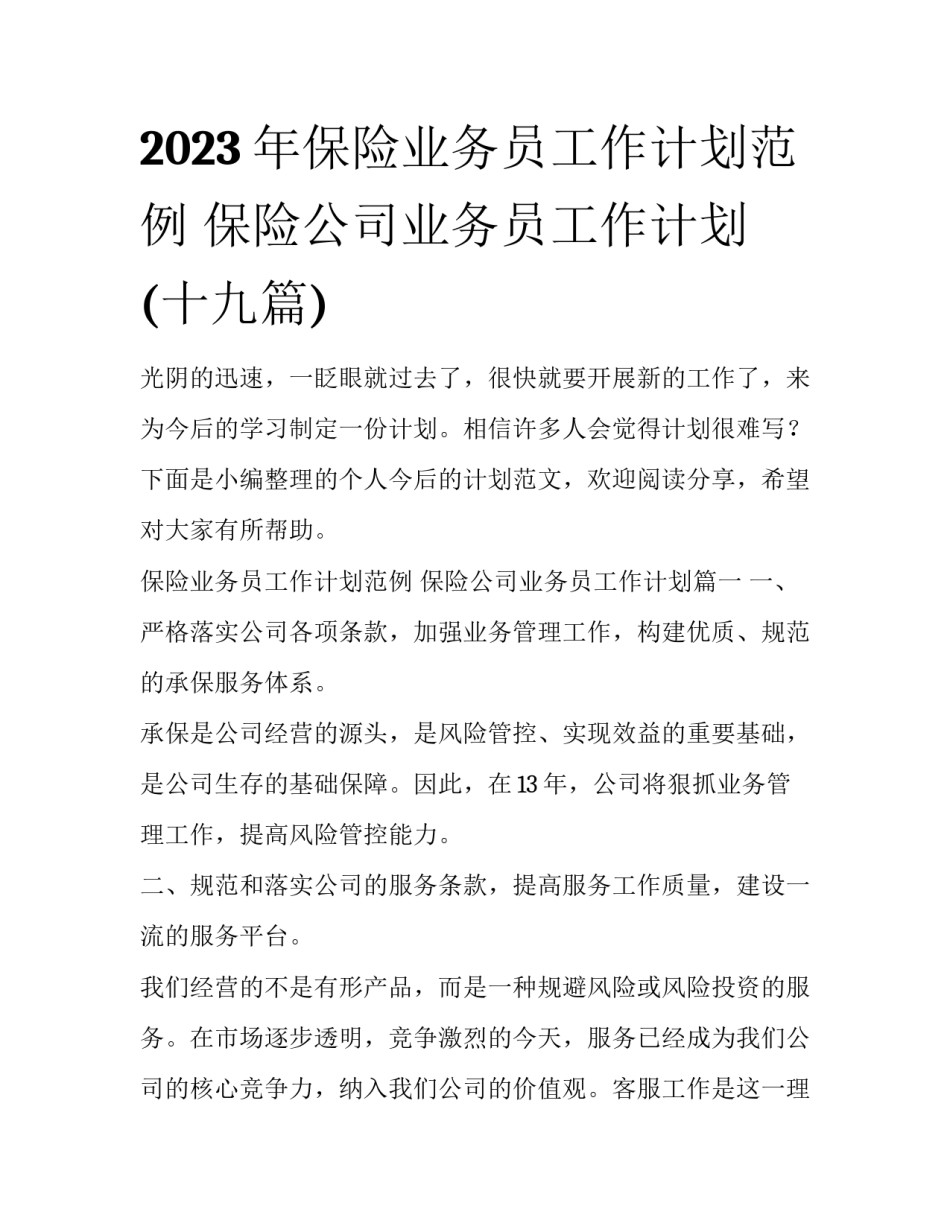 2023年保险业务员工作计划范例 保险公司业务员工作计划(十九篇)_第1页