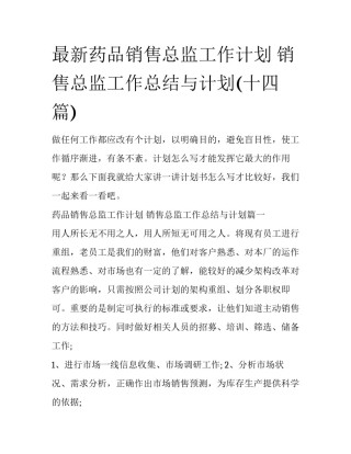 最新药品销售总监工作计划 销售总监工作总结与计划(十四篇)