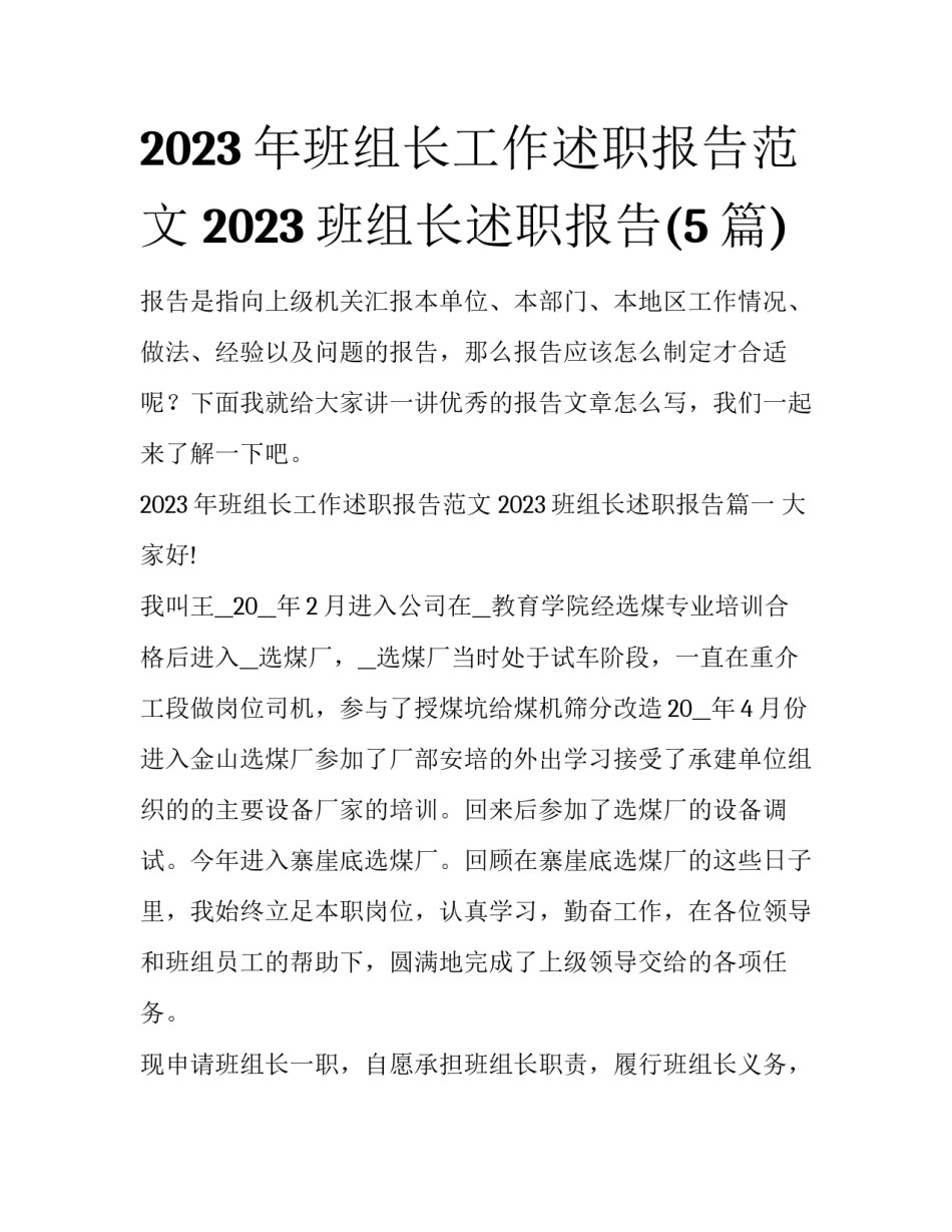 2023年班组长工作述职报告范文 2023班组长述职报告(5篇)_第1页