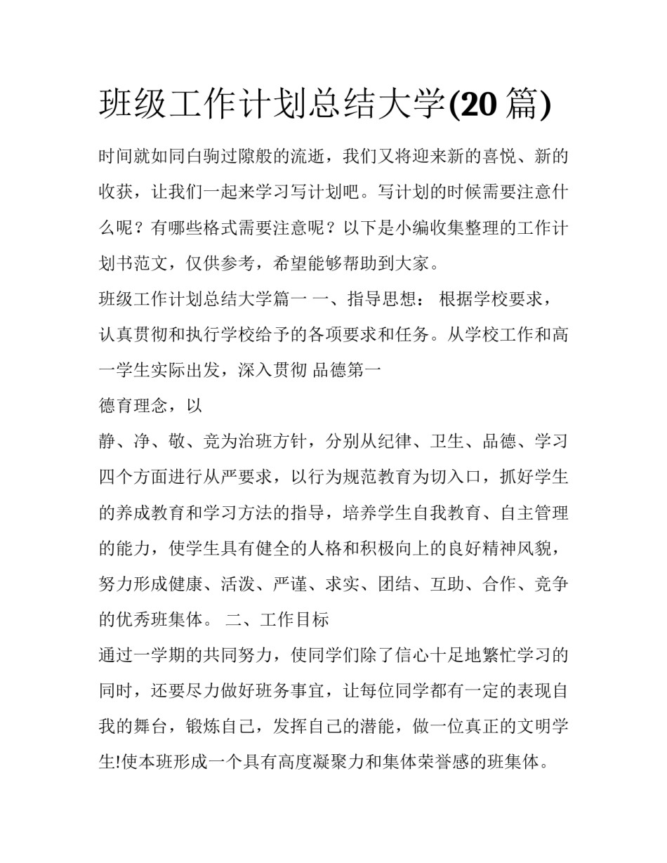 班级工作计划总结大学(20篇)_第1页