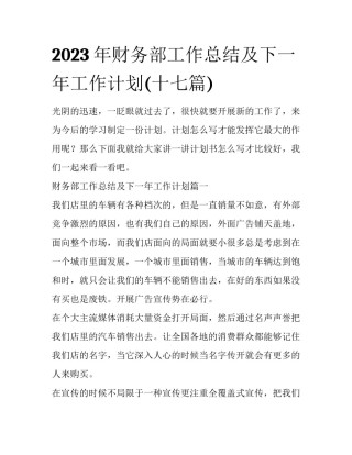 2023年财务部工作总结及下一年工作计划(十七篇)