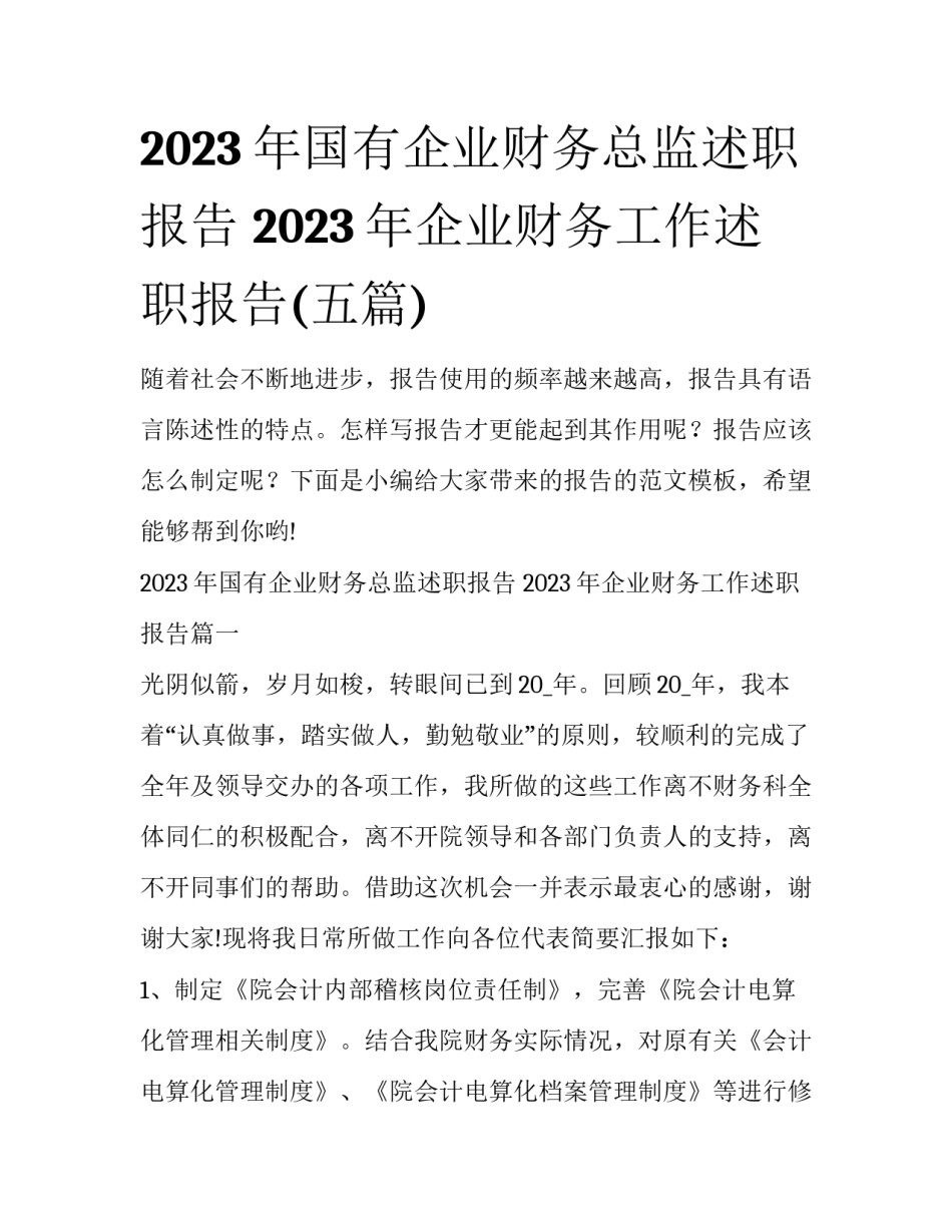 2023年国有企业财务总监述职报告 2023年企业财务工作述职报告(五篇)_第1页