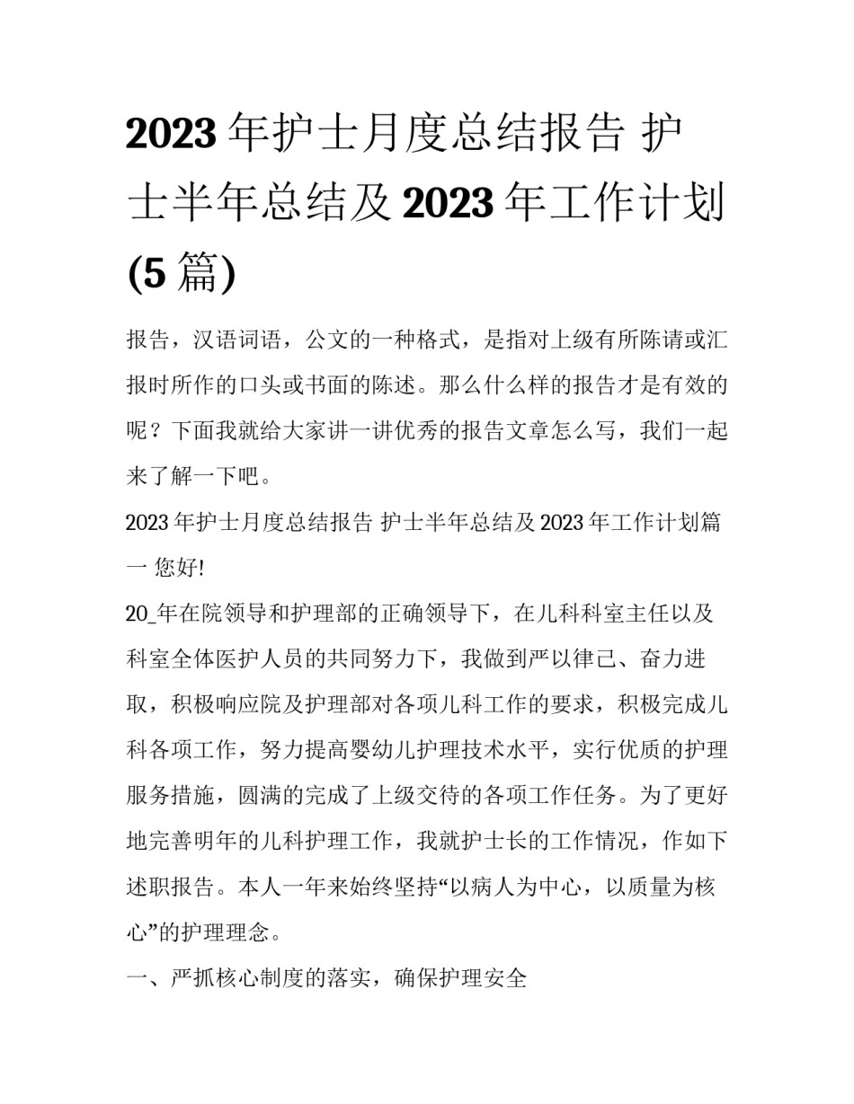 2023年护士月度总结报告 护士半年总结及2023年工作计划(5篇)_第1页