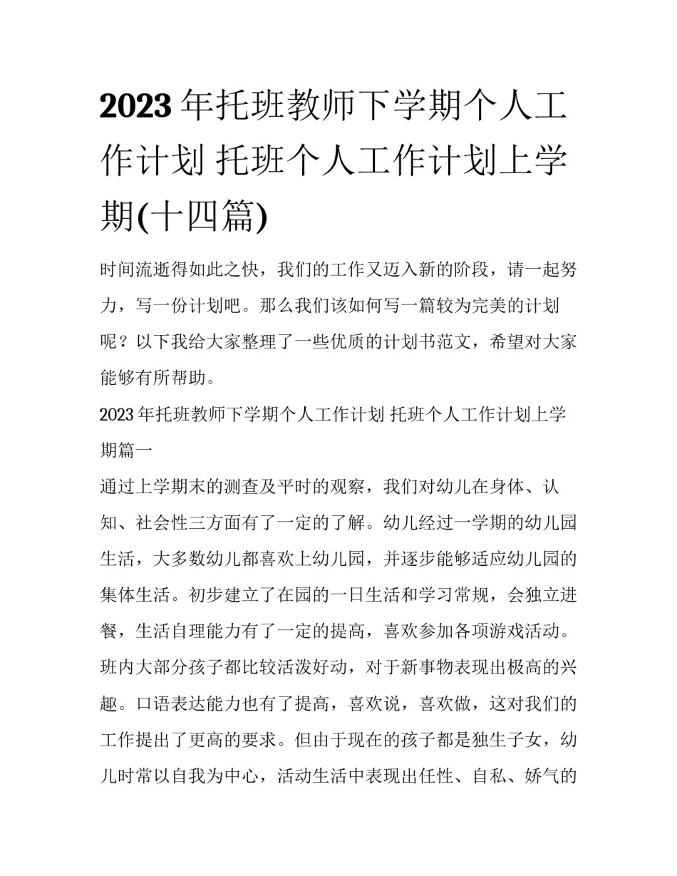 2023年托班教师下学期个人工作计划 托班个人工作计划上学期(十四篇)_第1页
