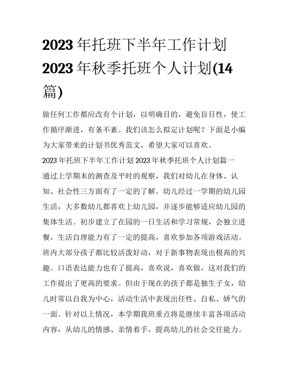 2023年托班下半年工作计划 2023年秋季托班个人计划(14篇)_第1页