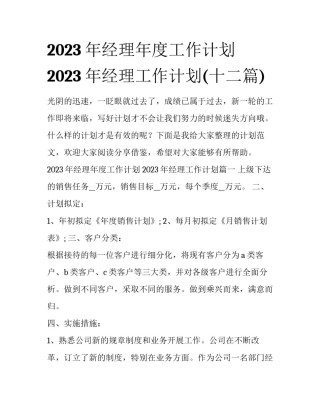 2023年经理年度工作计划 2023年经理工作计划(十二篇)