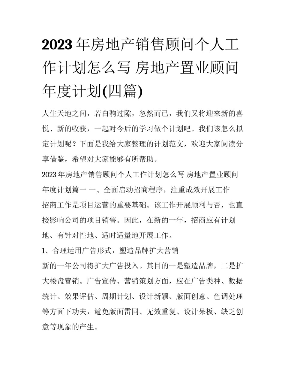 2023年房地产销售顾问个人工作计划怎么写 房地产置业顾问年度计划(四篇)_第1页
