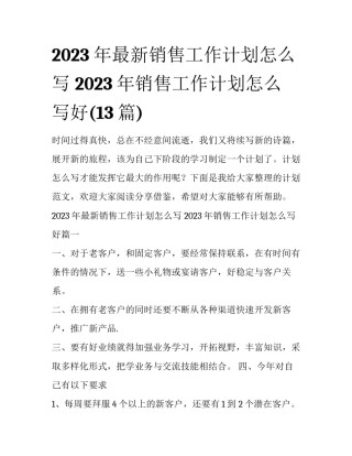 2023年最新销售工作计划怎么写 2023年销售工作计划怎么写好(13篇)