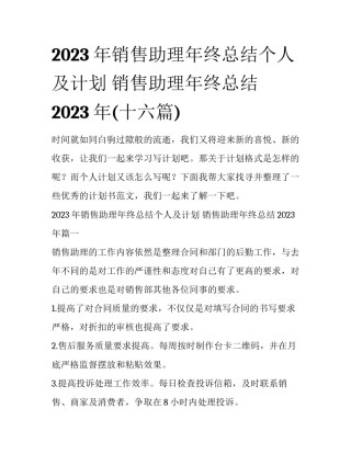 2023年销售助理年终总结个人及计划 销售助理年终总结2023年(十六篇)
