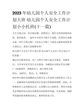 2023年幼儿园个人安全工作计划大班 幼儿园个人安全工作计划小小托班(十一篇)