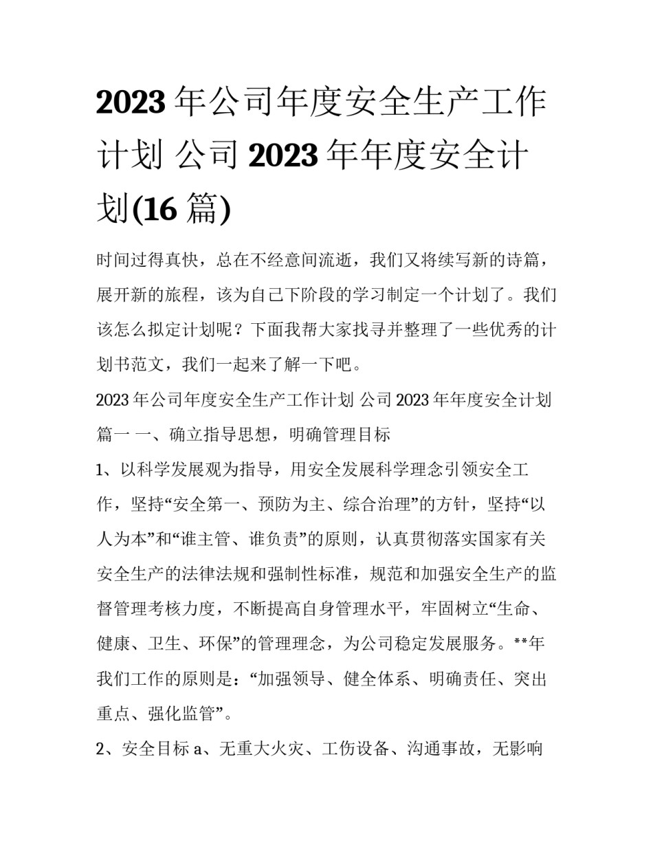 2023年公司年度安全生产工作计划 公司2023年年度安全计划(16篇)_第1页