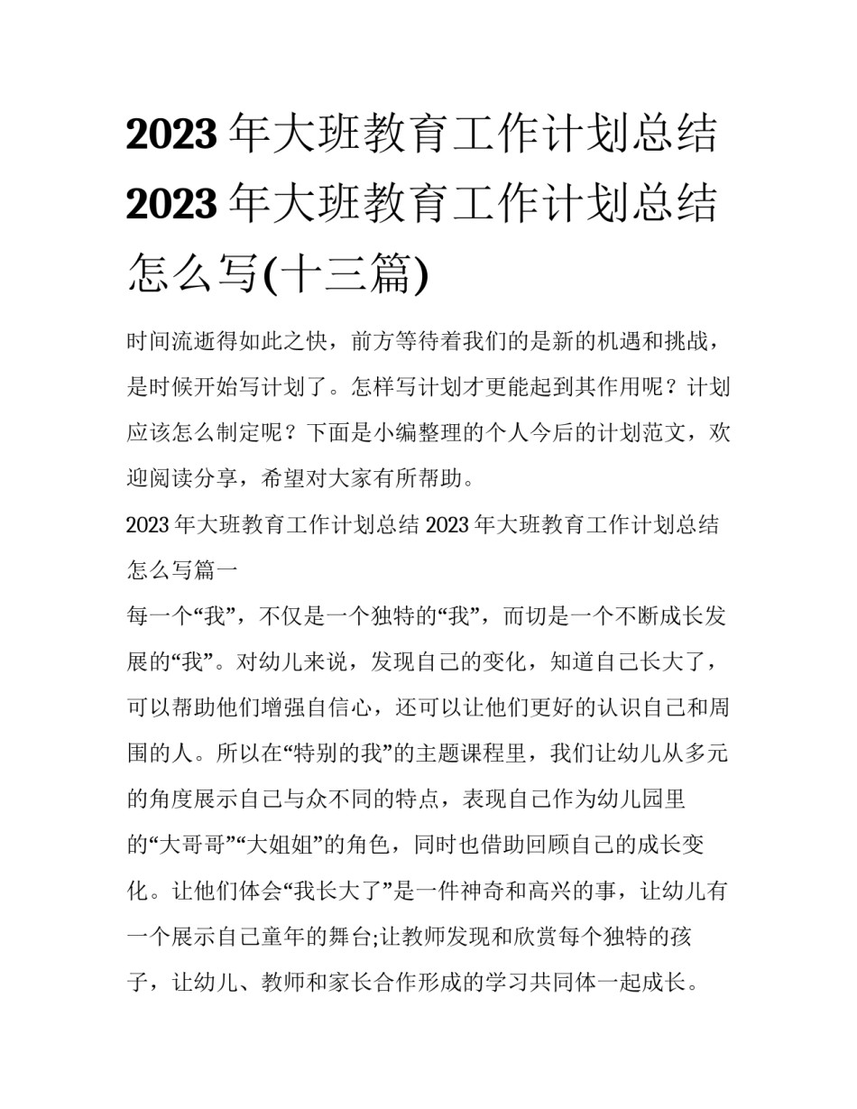 2023年大班教育工作计划总结 2023年大班教育工作计划总结怎么写(十三篇)_第1页